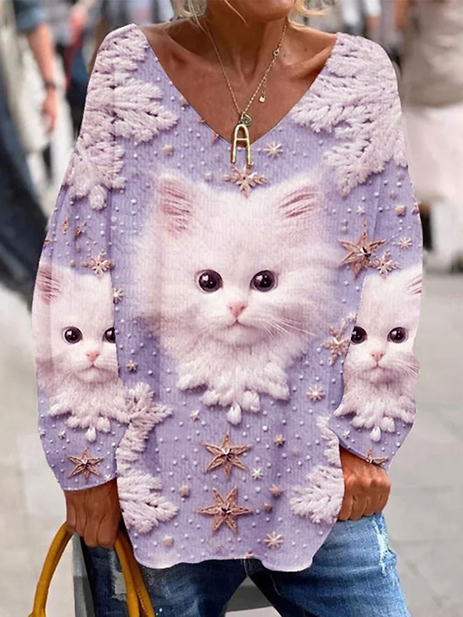 Γυναικεία Μπλουζάκι Στάμπα Γραφική Ζώο Γάτα Κομψό Βίντατζ Μοντέρνα Μακρυμάνικο Λαιμόκοψη V Κανονικά μπλουζάκια Καθημερινά Σαββατοκύριακο Θαλασσί Ανθισμένο Ροζ Βυσσινί Άνοιξη Φθινόπωρο 2026 - $32.99 –P3