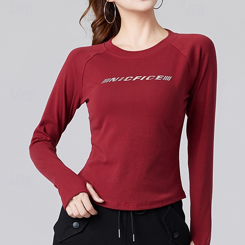 Damen Einfarbig Lauf-T-Shirt Fitnessshirt Sporttop Frühling Herbst Langarm Athleisure Baumwolle Warm Weich Atmungsaktiv Fitnessstudio Wandern Laufen Training Yoga Weinrot Schwarz Weiß Sportbekleidung 2026 - $16.49 –P1