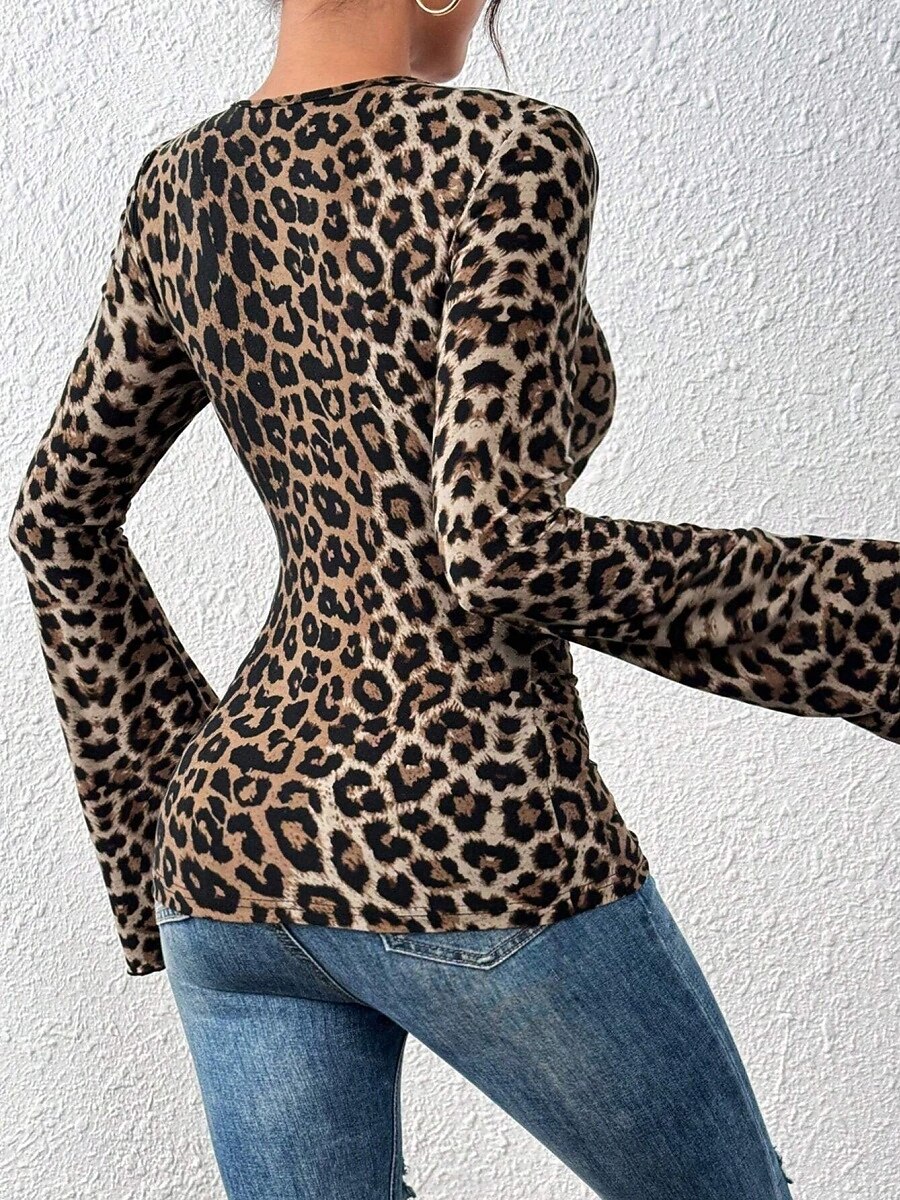 Dámské Halenka Tisk Leopard stylové Na běžné nošení Dlouhý rukáv Do V Běžné topy Denní Hnědá Jaro Podzim Zima 2026 - $27.99 –P2
