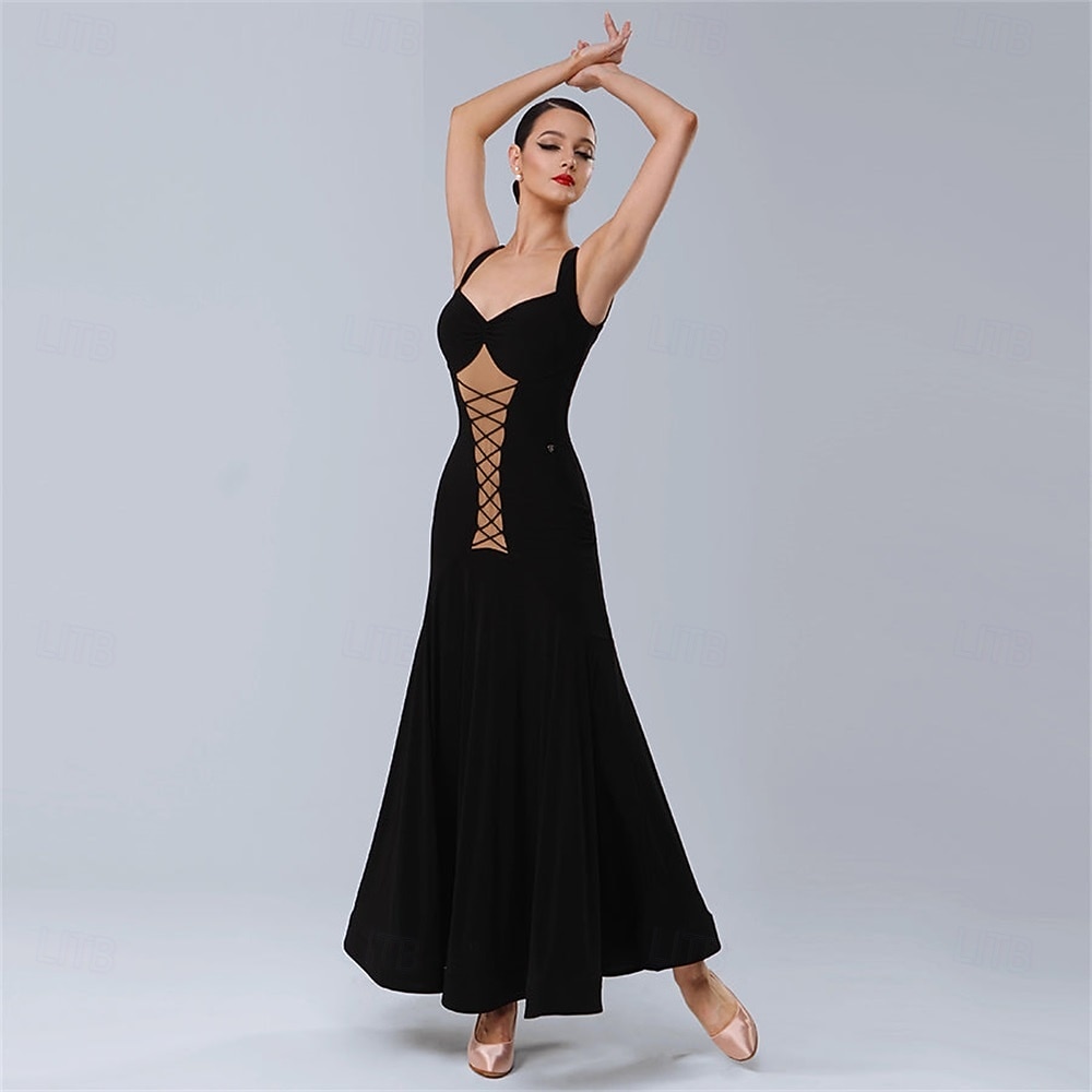 Женское платье для бальных танцев, черное, со шнуровкой и сетчатым эффектом спереди, элегантное, для выступлений в стиле танго, румбы и вальса 2025 - $348.69 –P3