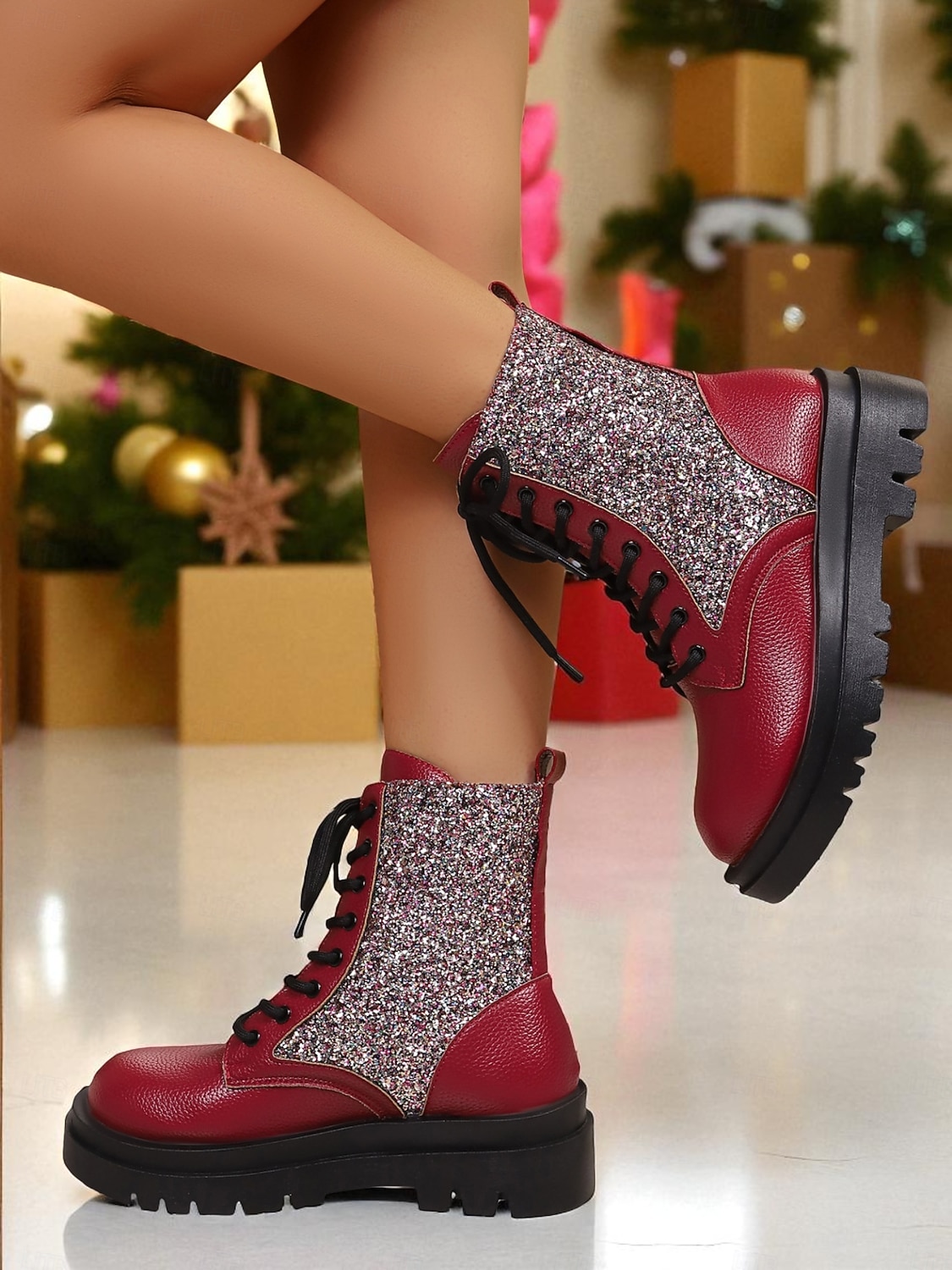 Botas de combate con purpurina roja para mujer: botines con cordones brillantes para mujer, ideales para Navidad, fiestas de invierno y salidas festivas. 2025 - $34.99 –P2