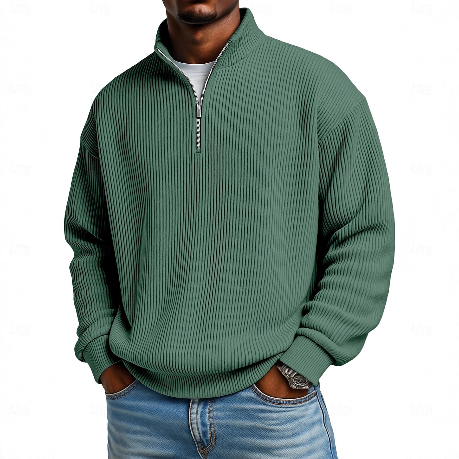 Men's Corduroy Shirt Textured Casual Vacation Quarter Zip Long Sleeve Fashion Basic Solid Color Zipper Fall Spring &  Fall Fall & Winter Relaxed Fit Black Wine Dark Green khaki Dark Blue Light Green 2026 - $14.49 –P5