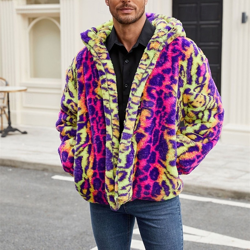 Voor heren Winterjack Jas van imitatiebont Dagelijks Vakantie Thermisch Warm Fleece Herfst Winter Luipaard Modieus Streetwear Capuchon Normaal Imitatiebont Geel Jacks 2026 - $50.99 –P5