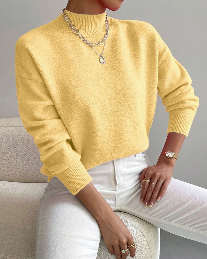 Women's Sweater Pullover Fashion Streetwear Casual Solid Color Mock Neck Knitted Long Sleeve Regular Tops Knit Daily Holiday Going out Yellow Pink Fall Winter 2026 - $33.99 –P6