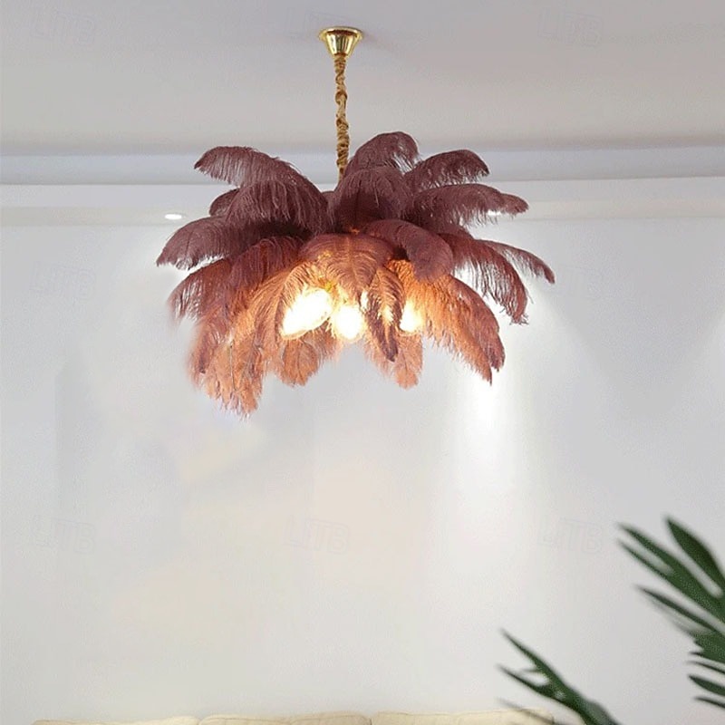 Lámpara colgante LED Lámpara de araña Precioso extra grande Ramo de plumas de avestruz de 80 cm Lámpara colgante de 5 luces Accesorio de iluminación montado romántico para restaurante Dormitorio 2026 - $749.99 –P7