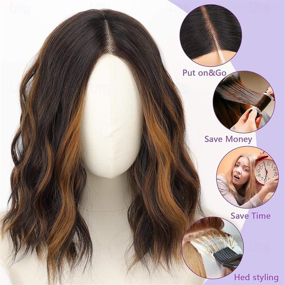 Женский парик карамельно-коричневого цвета длиной 14 дюймов с мелированием — волнистый парик длиной до плеч с предварительно выстриженными волосами на кружеве, пробор посередине, натуральный волнистый 2026 - $21.99 –P2