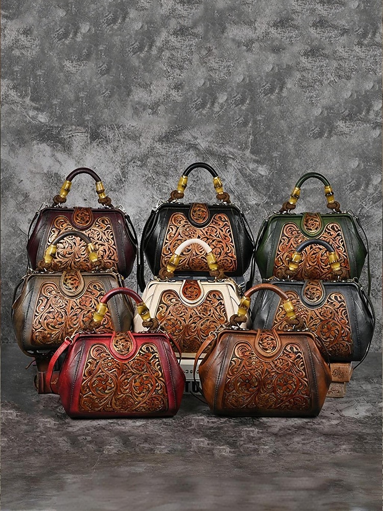 női műbőr kézitáska, vintage dombornyomott válltáska bambusz fogantyúval, elegáns keresztpántos táska hölgyek partijára, munkába és mindennapi használatra 2025 - $64.99 –P3