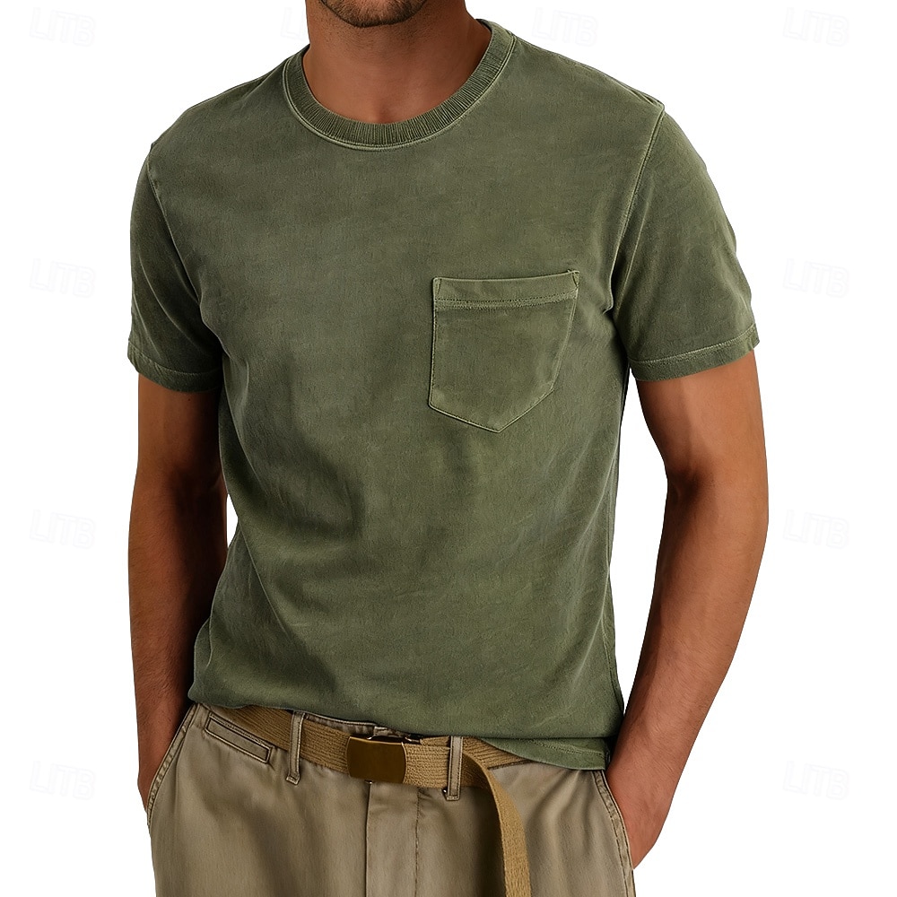 Herr T-shirt Tvätta skjorta i 100 % bomull Kortärmad Rund hals Sommar Vår Alla årstider Ensfärgat Elegant Vintage Neutral Ficka Crewneck Urblekt Ledigt Hem Utomhus Ljusblå Aprikos Svart Topp t-shirt 2026 - $20.99 –P10