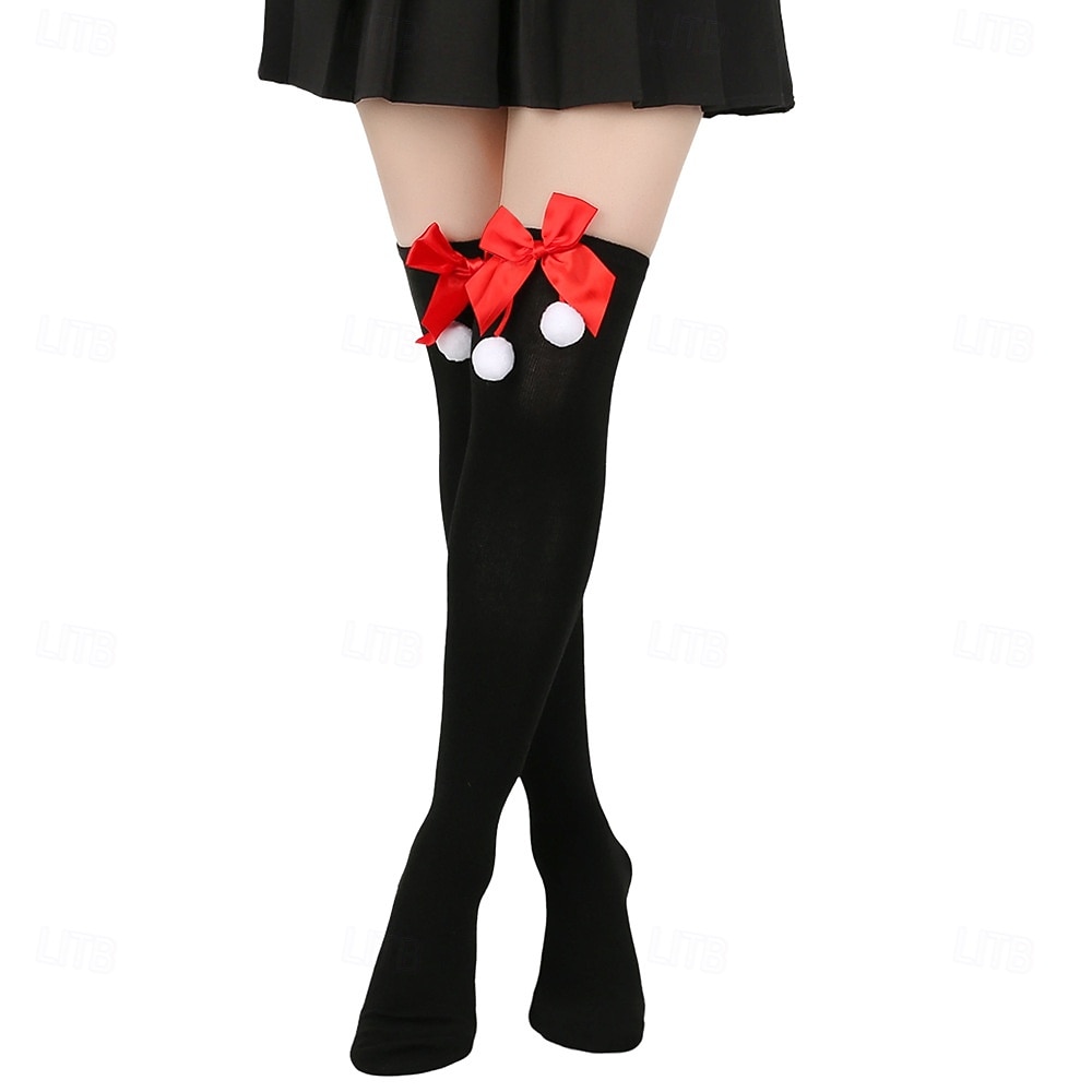 Dámské vánoční ponožky do stehen, sada 4 párů, pruhované &Jednobarevné červené sváteční punčochy s mašlemi a bambulkami, slavnostní ponožky nad kolena na zimní večírky &dárky 2026 - $18.99 –P12