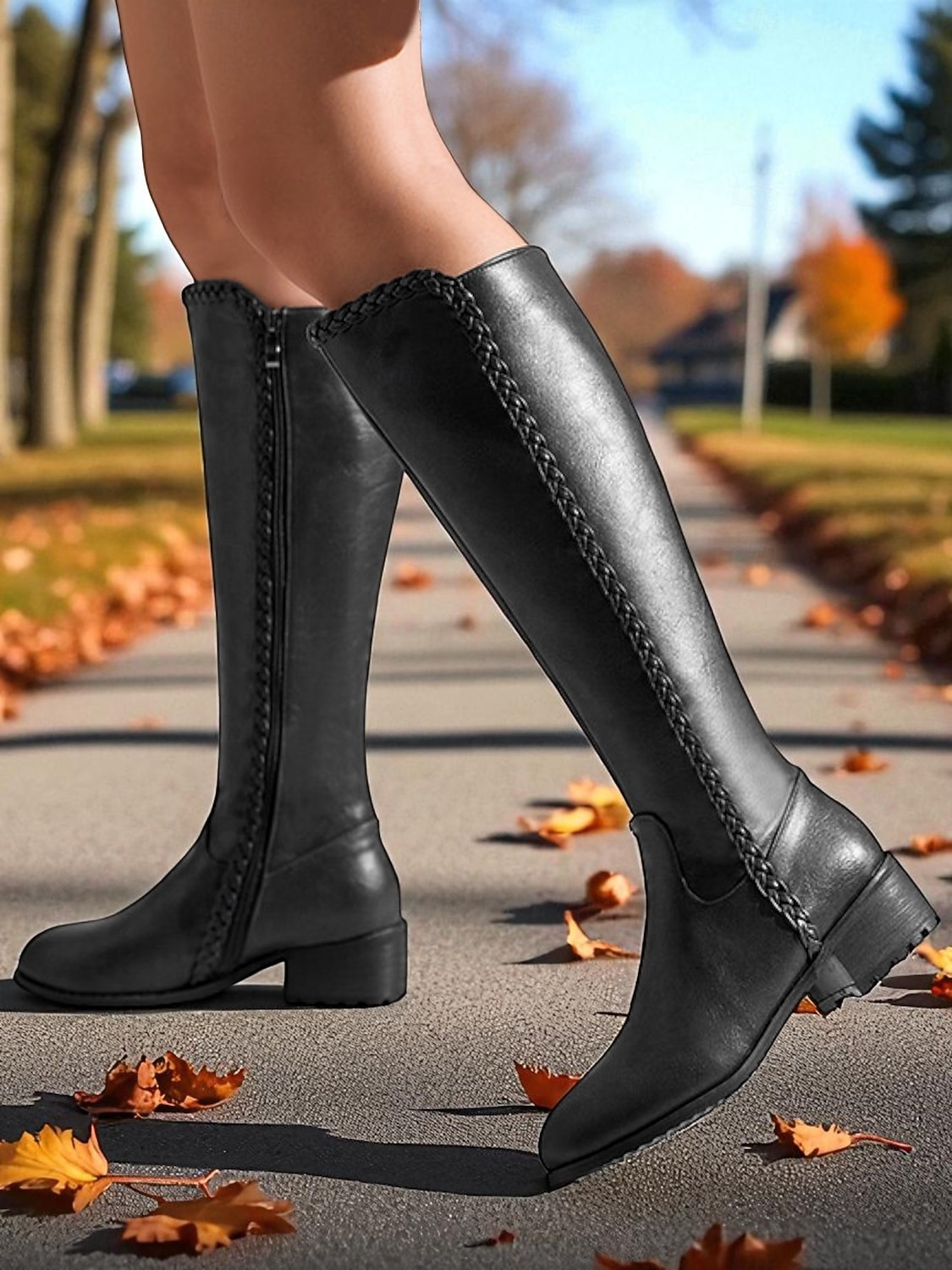 Classic Black Leather Equestrian  Boots with Side Zip Women main image 2