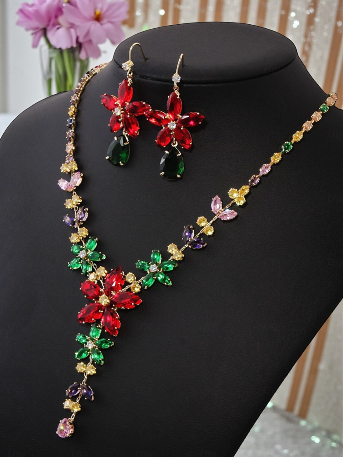 Dámský barevný křišťálový náhrdelník a náušnice, elegantní květinové šperky na vánoční večírek &koktejlové akce 2026 - $19.99 –P1