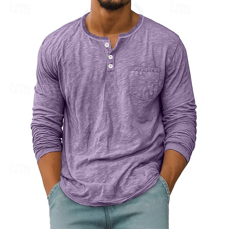 Herren T Shirt Henley Hemd T-Shirt Langarmshirt Langarm Henley Frühling Herbst Einfach Mode Designer Basic Taschen Urlaub Straße Ausgehen Schwarz Weiß Rote Top T-Shirt für Herren 2025 - $21.99 –P10