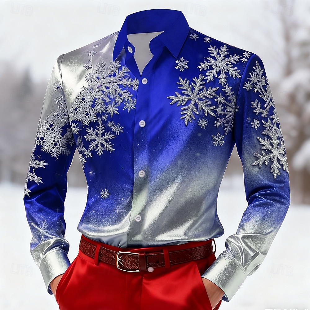 Święta Męskie Płatek śniegu Kolor gradientu Koszula Satynowa koszula Koszule eleganckie Długi rękaw Moda na co dzień Na zewnątrz Święto Wiosna Jesień Wieczorne Druk 3D Koszule zapinane na guziki 2026 - $29.99 –P2