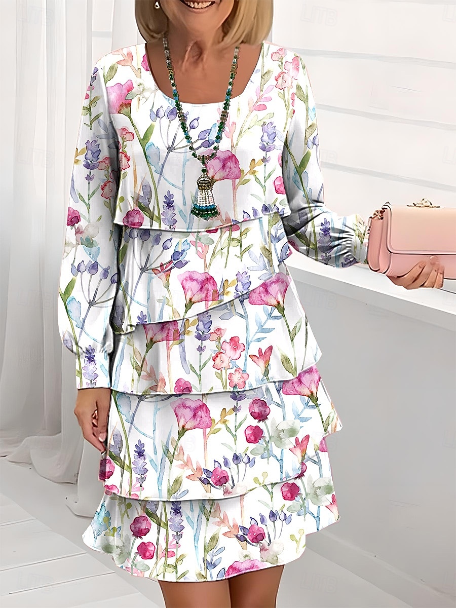 Damen Knielanges Kleid Freizeitkleid Chiffonkleid Shiftkleid Kleid mit vielen Schichten Elegant Urlaub Party Normale Passform Blumen Langarm Rundhalsausschnitt Schwarz Weiß Blau Grün Sommer Frühling 2025 - $37.99 –P3