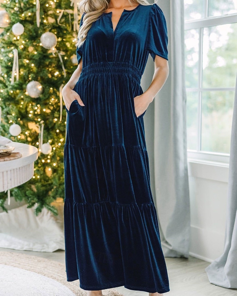 Női Midi ruha Karácsonyi ruha Bársony ruha Party ruha Koktélruha Elegáns Modern Parti Születésnap Estély Normál Sima Rövid ujjú V-alakú Bor Katonai zöld Sötétkék Sötétzöld Tavasz Ősz 2025 - $41.99 –P12