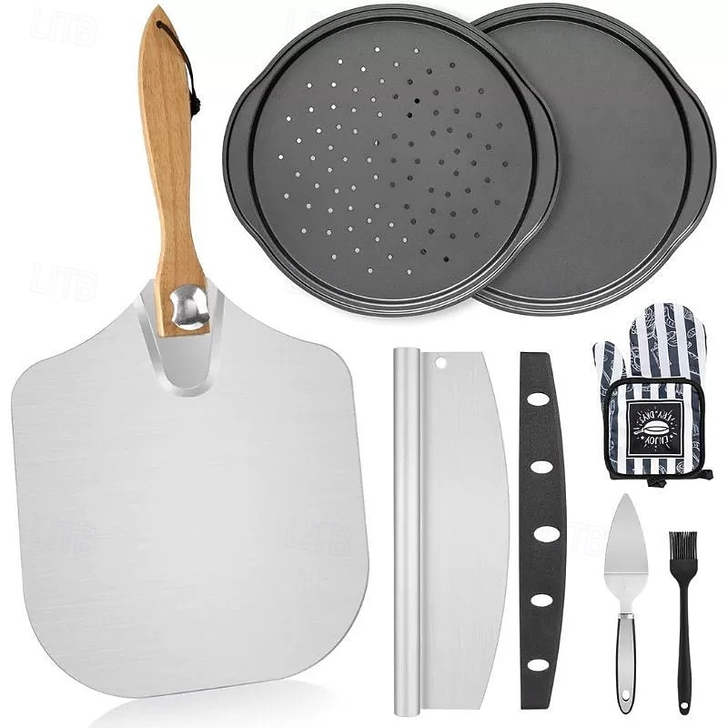 7-teiliges Pizzablech mit Holzgriff Pizza mit Thermohandschuhen Langschneider Pizzabackset 2026 - $125.99 –P3
