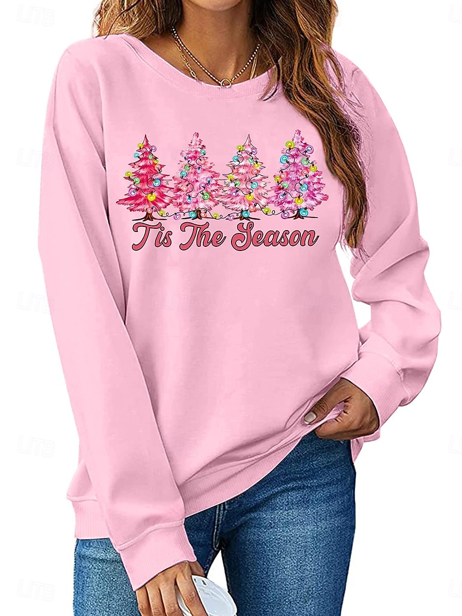 Felpa da donna di Natale Albero di Natale Fiocco di neve Stampa grafica Lettera Casual Maniche lunghe Collo rotondo Top regolari Casual Stampa delle festività Nero Rosa Rosso Verde Grigio Autunno del 2025 a $31.99 –P4