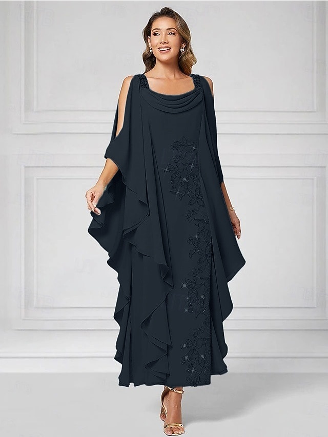 Schlauchkleid Knöchellänge Partykleid Cocktailkleid Kleid für Hochzeitsgäste Brautmutterkleid Halbarm U-Boot-Ausschnitt Elegant luxuriös Glanz & Glamour Hochzeitsgast Chiffon mit Perlenstickerei 2026 - $195.99 –P5