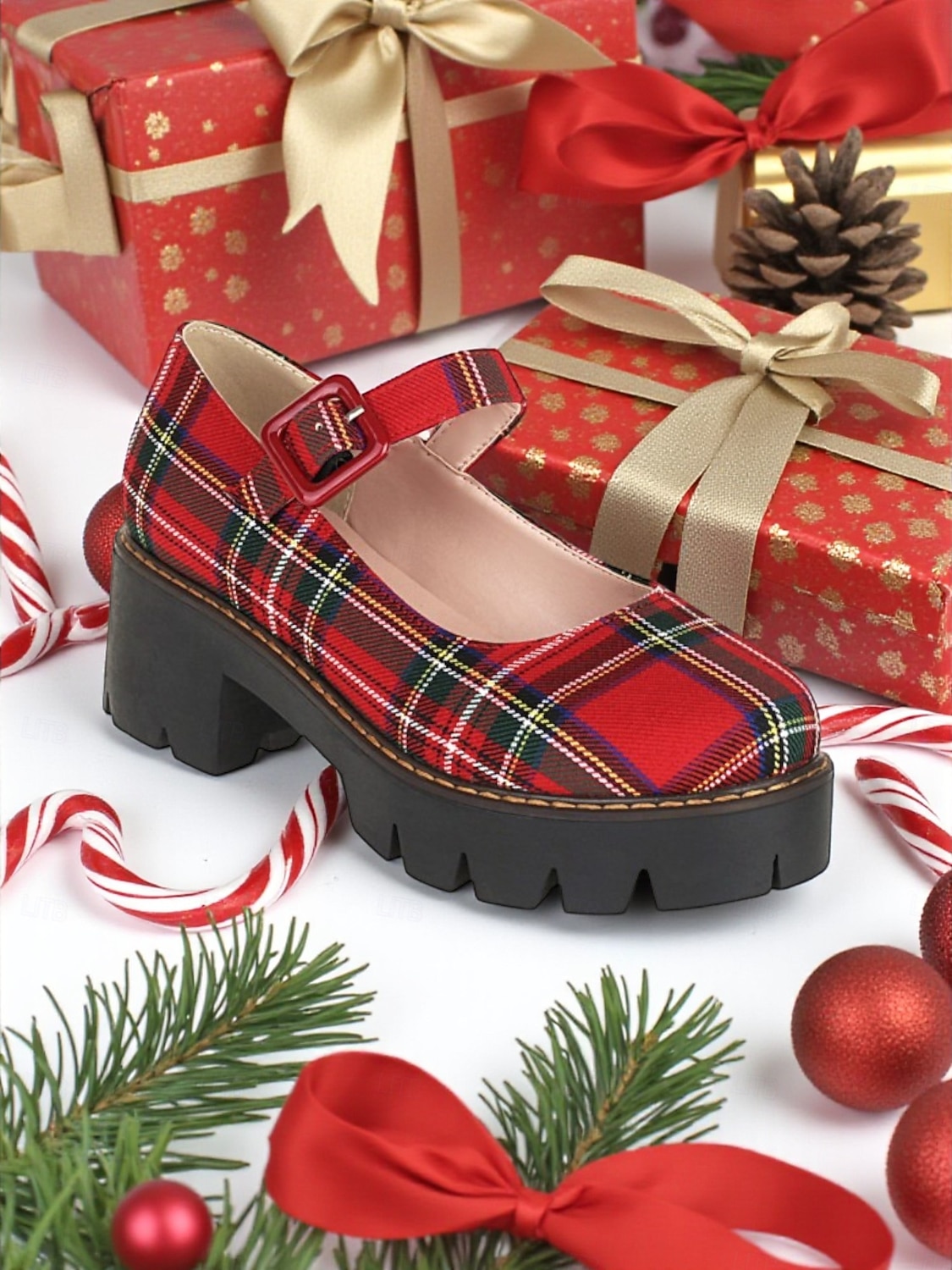 Rote Mary Jane Plateauschuhe mit Schnalle im Karomuster für Damen – festlicher Weihnachtsstil, perfekt für Urlaubsoutfits und Weihnachtsfeiern 2026 - $59.99 –P2