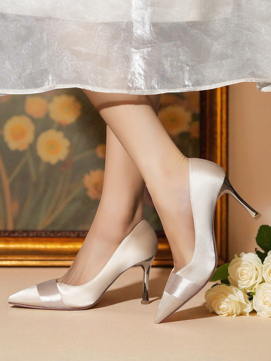Женские туфли-лодочки из атласа цвета шампанского на высоком каблуке — туфли с острым носком и отделкой из ленты для свадеб &коктейльные вечеринки 2026 - $46.99 –P7