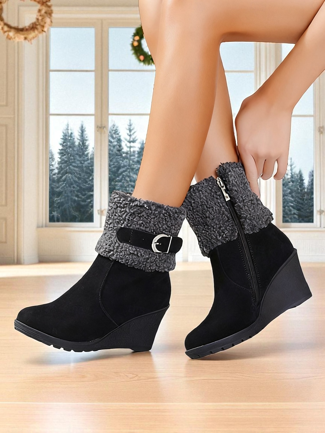 stivali da donna con zeppa e risvolto peloso, in pelle scamosciata marrone con cerniera e fibbia, stivali invernali caldi e comodi per il freddo, uscite informali e feste del 2026 a $59.99 –P2