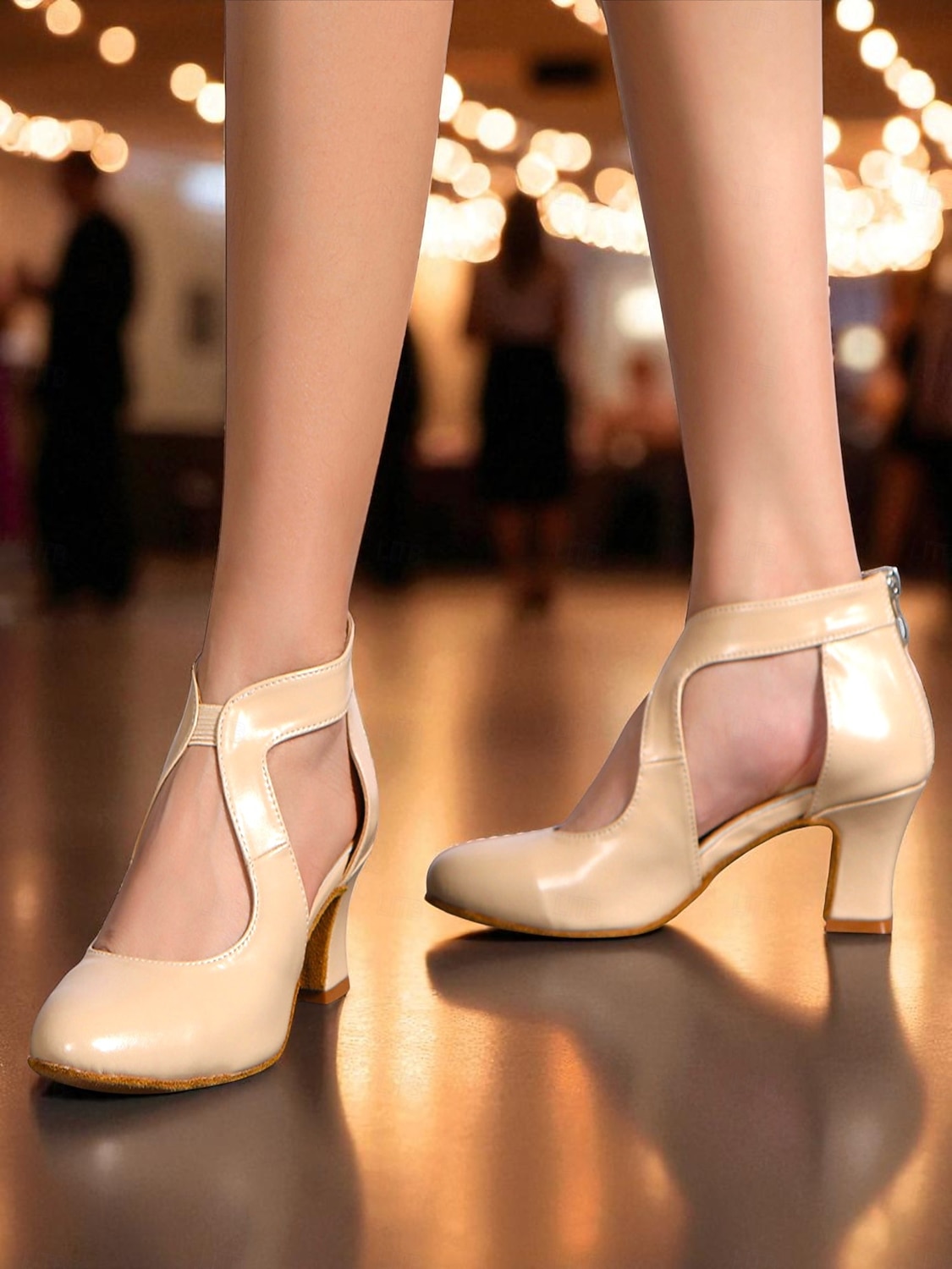 Women's Beige Patent Leather Ballroom Dance Shoes - Closed Toe Mid Heel Pumps with Cutout Design for Gatsby Ball & Professional Dance Party 2026 - $64.99 –P6