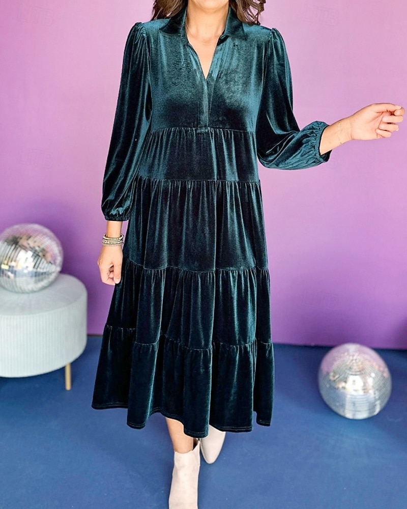 Femmes Robe Midi Robe en Velours Robe de Soirée Robe de Cocktail Élégant Mode Moderne Soirée Coupe régulière Uni manche longue Col de chemise Noir Jaune Vert foncé Bleu de minuit Automne Hiver de 2025 ? $41.99 –P3