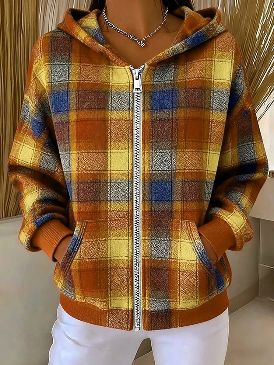 Per donna Felpe con cappuccio Patchwork Cerniera Tasca Grafico Plaid Moda Casual Manica Lunga Con Cappuccio Top Regolari Streetwear Abbigliamento Quotidiano Blu Giallo Viola Marrone Verde Autunno del 2026 a $36.99 –P5