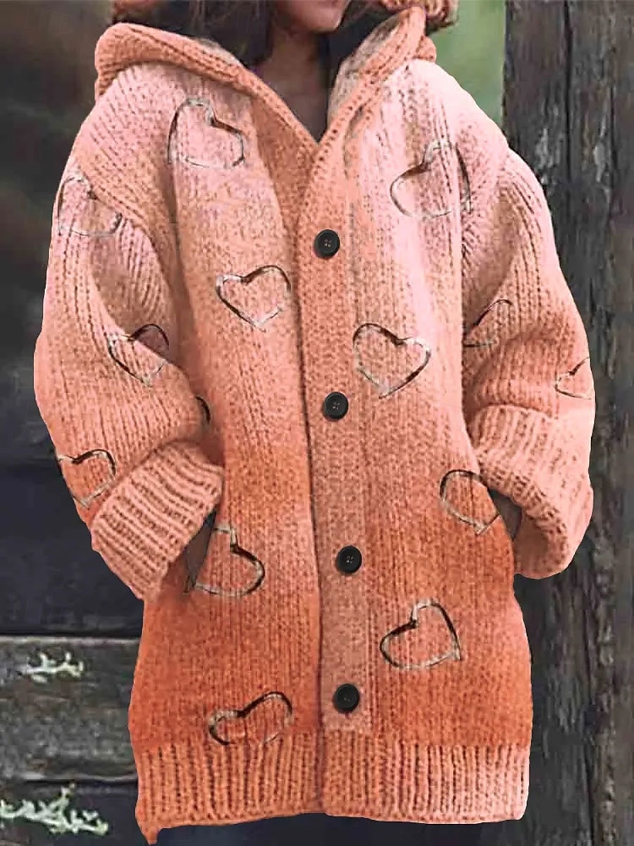 Dámské Kardigan Denní Na běžné nošení Srdce Grafika Rýhovaný Kapuce Kapsy Knoflíky Tisk Dlouhý rukáv Dlouhé topy Plést Venkovní Víkend Oranžová Podzim Zima 2025 - $52.99 –P1