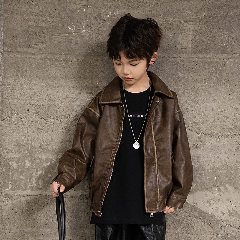 Детские Мальчики Черная кожаная куртка Жакет Верхняя одежда Полотняное плетение Длинный рукав Застегнуться ЗАЩИТА ОТ ВЛАГИ Защита от ветра Пальто Повседневные Мода На каждый день Черный Коричневый 2026 - $46.99 –P6