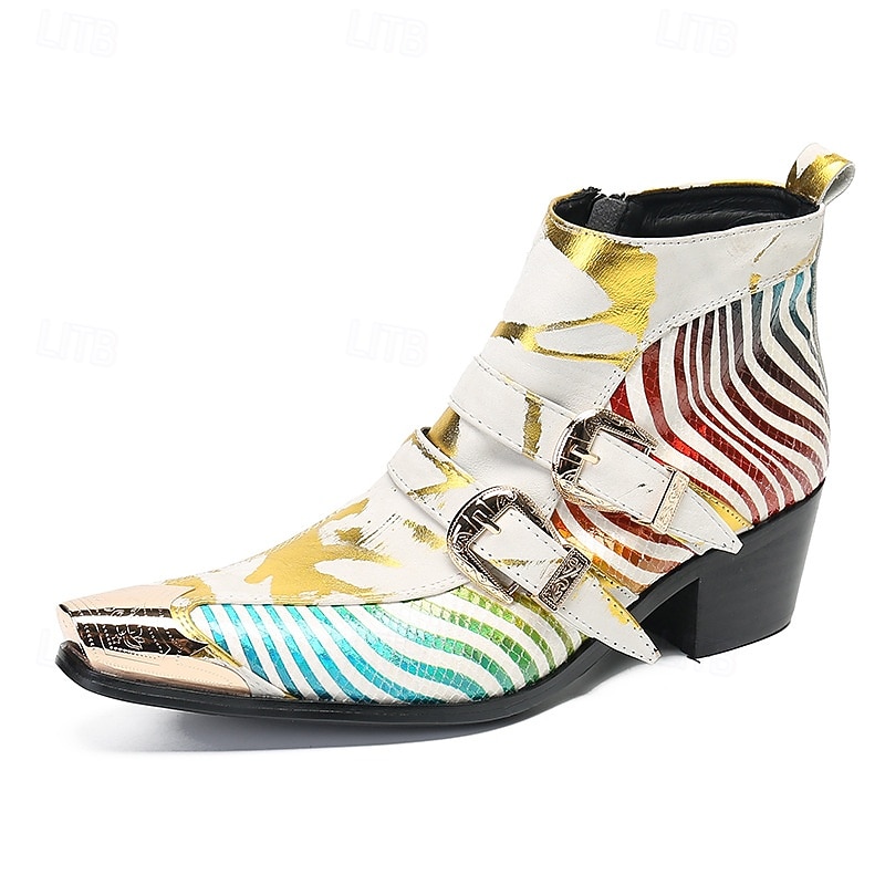 Miesten valkoiset abstraktin raidalliset nahkaiset cowboy-saappaat vetoketjulla ja metallisella kärjellä, 100% naudannahasta valmistetut taiteelliset nilkkurit lavalle ja tapahtumiin 2025 - $139.99 –P2