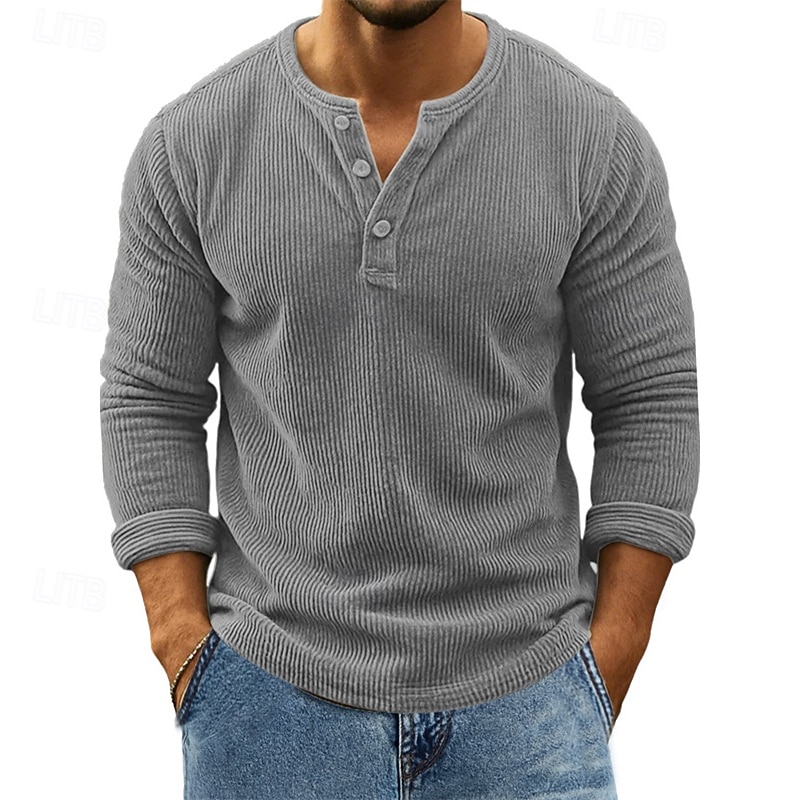 Herren T Shirt Cordhemd Henley Hemd T-Shirt Langarm Henley Frühling Herbst Einfach Mode Designer Basic Knöpfe Urlaub Straße Ausgehen Wein Top T-Shirt für Herren 2026 - $31.99 –P5