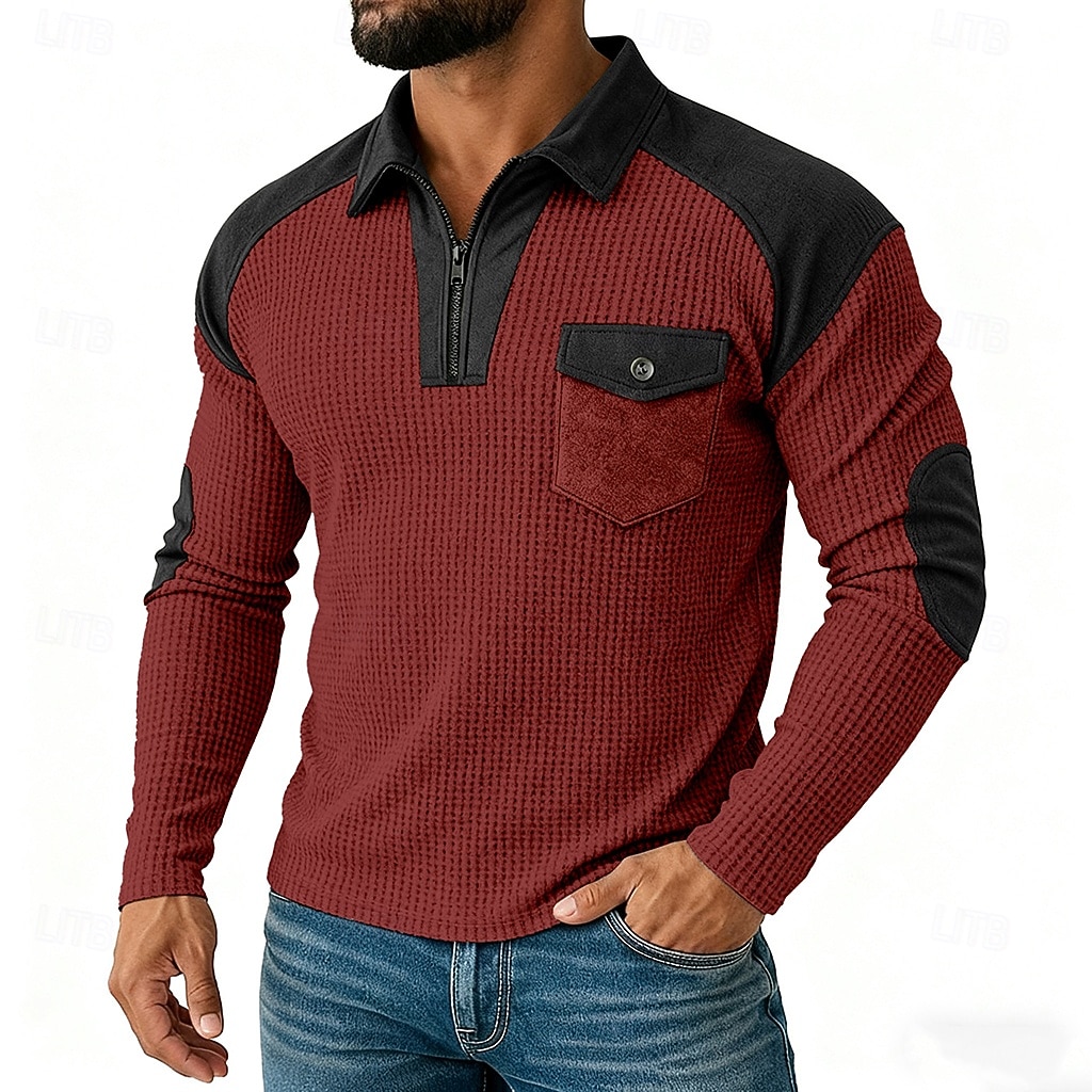 Men's Waffle Tee Waffle Henley Shirt Shirts With Elbow Patches Long Sleeve Lapel Quarter Zip Fall Spring &  Fall Solid Color Fashion Basic Casual Pockets Patchwork Color Block Casual Street Sports 2026 - $32.99 –P3