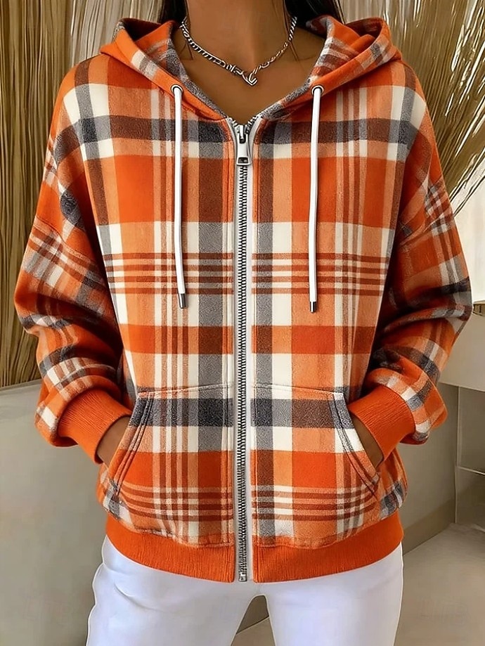 Per donna Felpe con cappuccio Cerniera Tasca Stampato Grafico Plaid Moda Casual Manica Lunga Con Cappuccio Top Regolari Streetwear Abbigliamento Quotidiano Arancione Marrone Verde Primavera Autunno del 2026 a $39.99 –P3