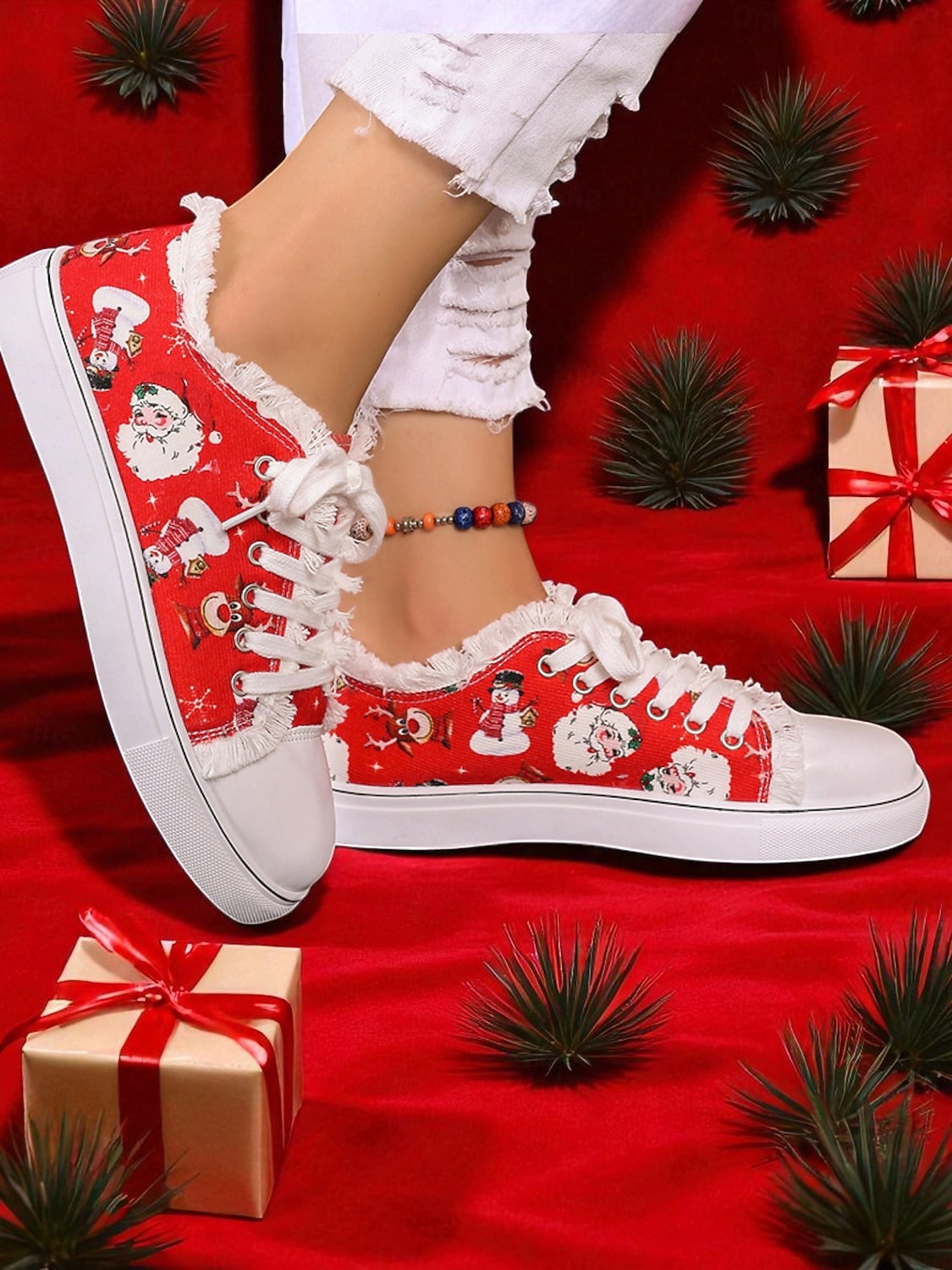 Teniși de damă cu imprimeu de Moș Crăciun și căptușeală plușată - stil confortabil de sărbătoare, perfecți pentru ținute casual de Crăciun și sărbători festive 2025 - $32.99 –P3