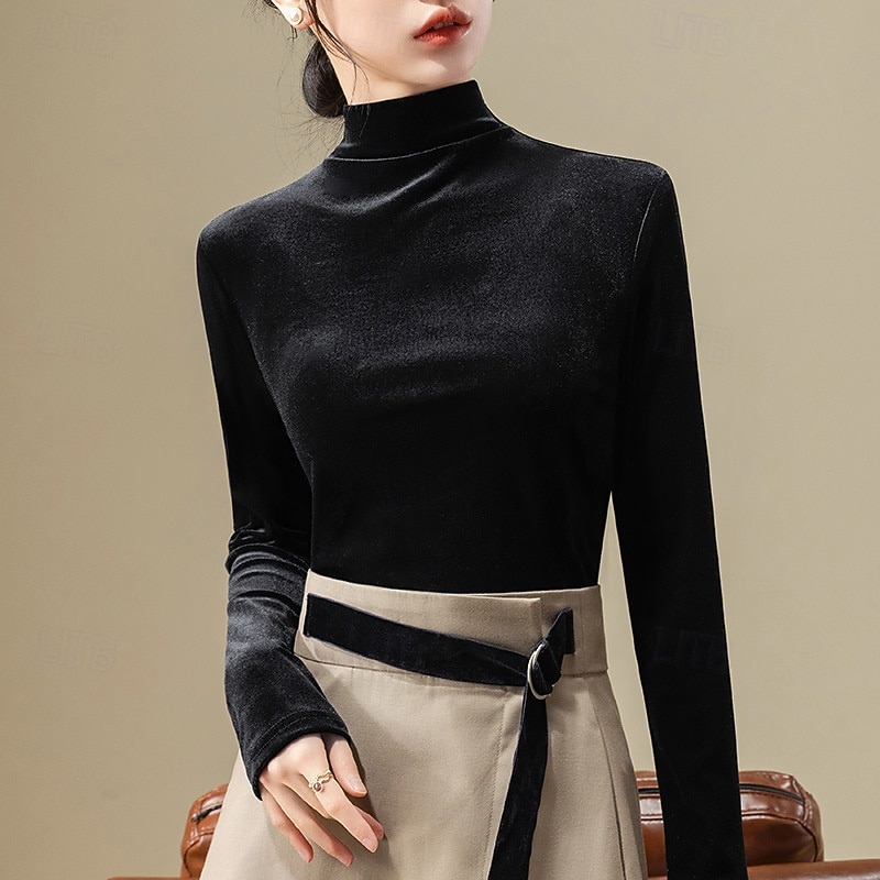 Damen Samt Elegant Bluse Einfarbig Einfach Elegant Täglich Stilvoll Langarm Stehkragen Normale Oberteile Täglich Ferien Ausgehen Schwarz Wein Purpur Braun Herbst Winter 2026 - $25.99 –P1