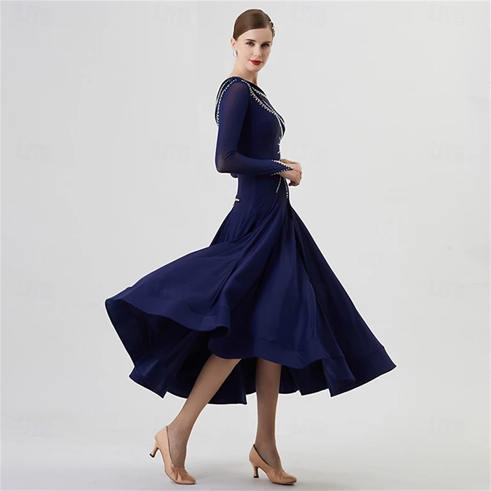 abito da ballo da sala da donna, elegante abito da competizione per tango, valzer, foxtrot, con spalline asimmetriche e strass – blu navy del 2026 a $309.19 –P3
