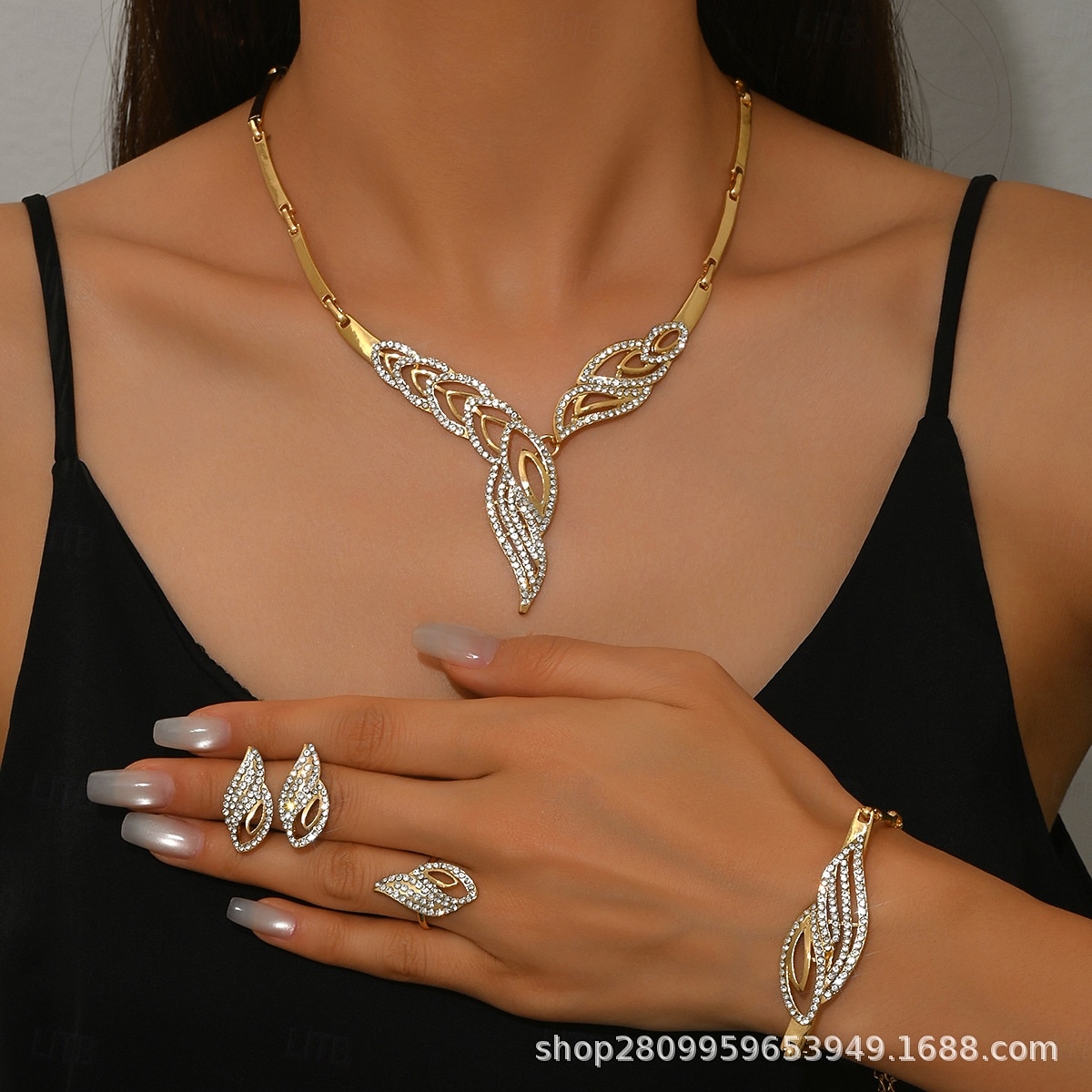 Vergoldetes Damen-Schmuckset mit Strasssteinen, elegante 4-teilige Halskette, Armband, Ohrringe &Ringset für Partys, Hochzeiten &Abendveranstaltungen 2026 - $14.99 –P1