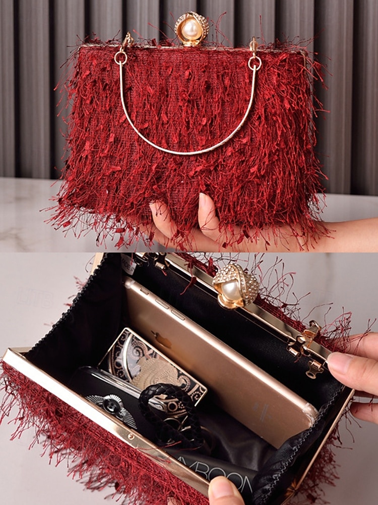Damska torebka na imprezę świąteczną – elegancka wieczorowa torebka z piórami w kolorze czerwonym i zielonym, ze złotym uchwytem i perłowym zapięciem – świąteczny prezent dla kobiety – szykowny, świąteczny styl na uroczystości bożonarodzeniowe 2026 - $26.99 –P10