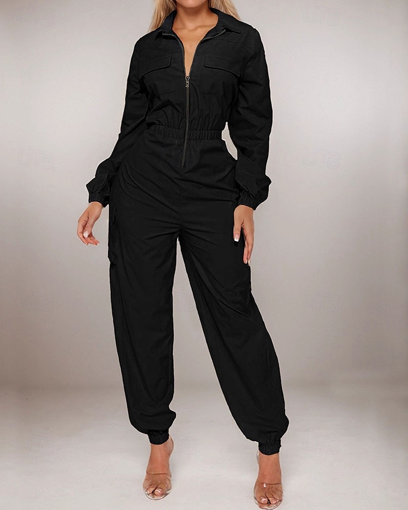 בגדי ריקוד נשים סרבלים פעיל צבע אחיד שרוול ארוך מכנסי קרגו צווארון חולצה רוכסן כיס חופשה יומי רגיל שחור משמש אביב 2026 - $45.99 –P1