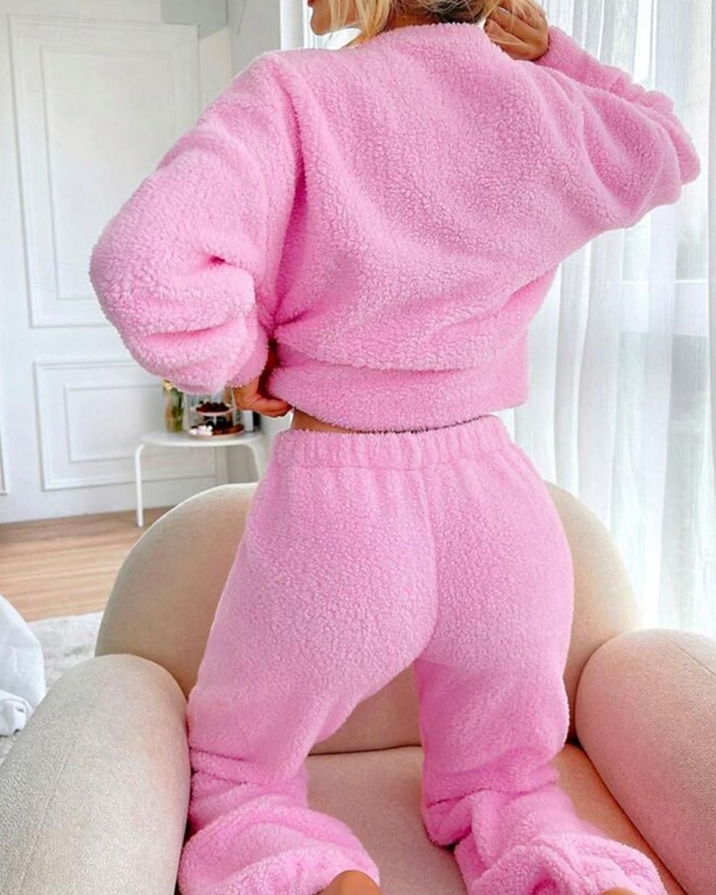 Damskie Piżama Odzież domowa Zestawy piżamowe Flanela Ciepłe Moda Czyste kolory Elastyczny pas Nogawka Dom Codzienny Długi rękaw W serek Rumiany róż Jesień Zima Regularny 2026 - $44.99 –P5