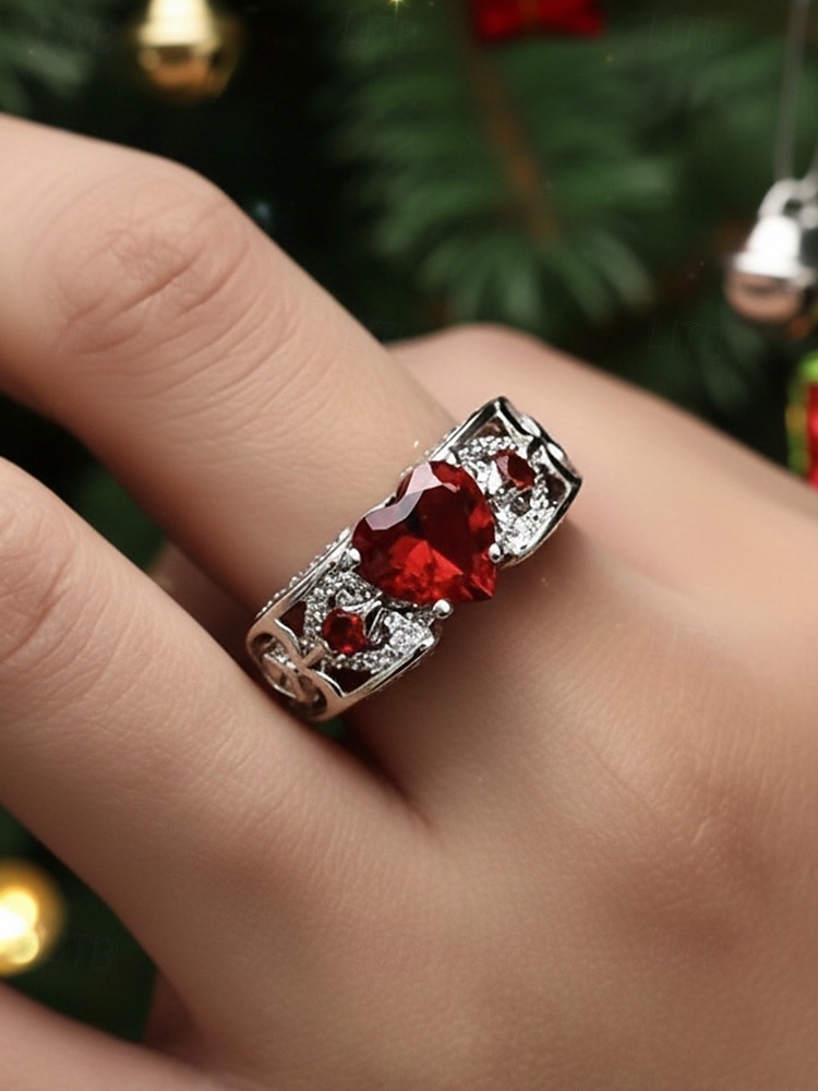 Rode hartvormige edelsteenring voor dames met verzilverde band – elegante sieraden als kerstcadeau en voor feestdagen 2026 - zł21.99 –P2