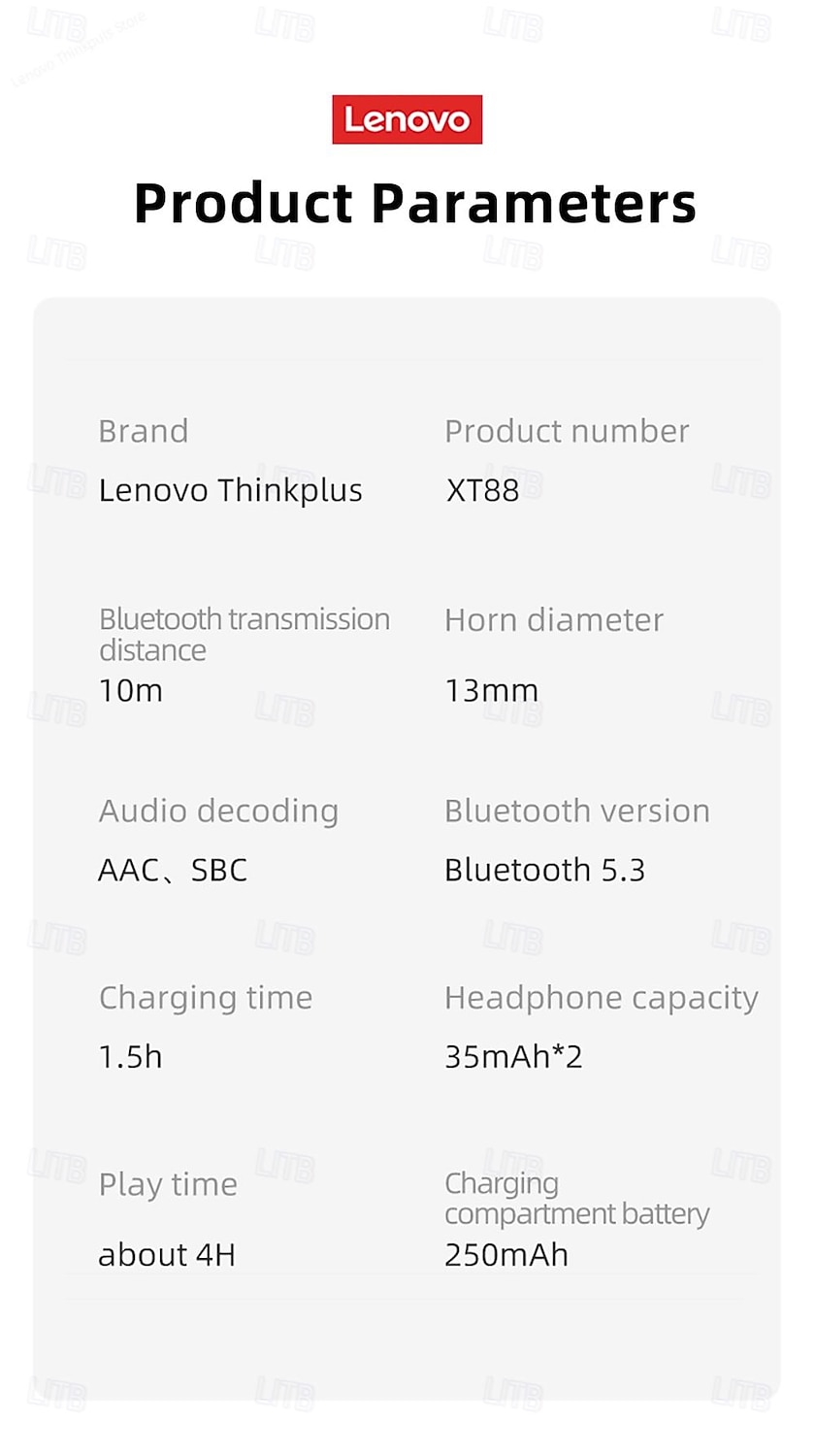 Беспроводные наушники Lenovo XT88 TWS с Bluetooth 5.3, эргономичный дизайн, глубокие басы, наушники-вкладыши для Apple, Samsung, Huawei, Xiaomi, Mi, для бега, повседневного использования, путешествий, 2026 - $29.99 –P18