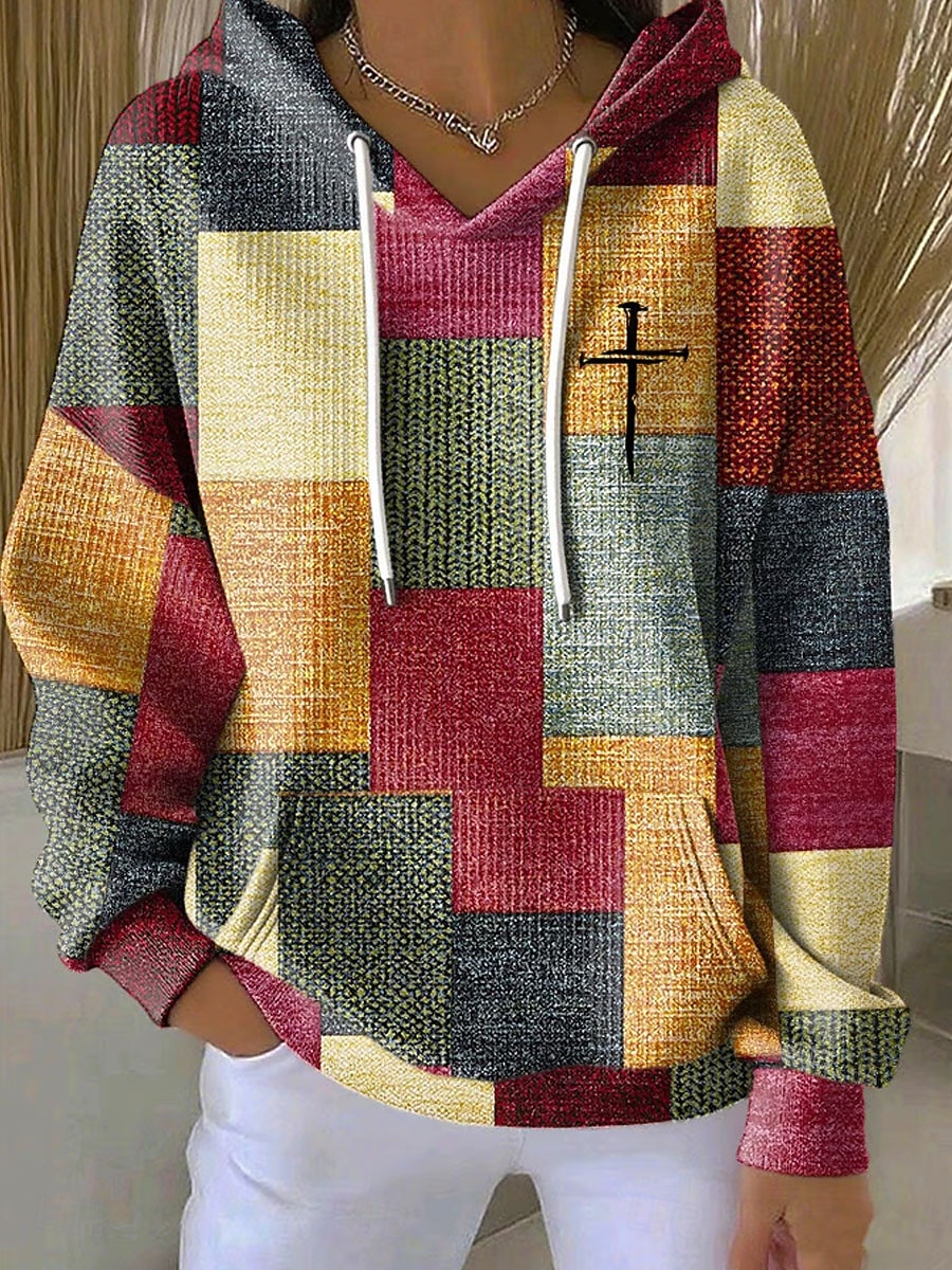 2025年 女性用 プルオーバー フーディー スウェットシャツ グラフィック 幾何学模様 あたたか ヴィンテージ カジュアル 長袖 フード付き レギュラートップス ストリート 日常着 カジュアル プリント フロントポケット ピンク パープル オレンジ グリーン 秋 冬  コレクション – $26.99 –P1