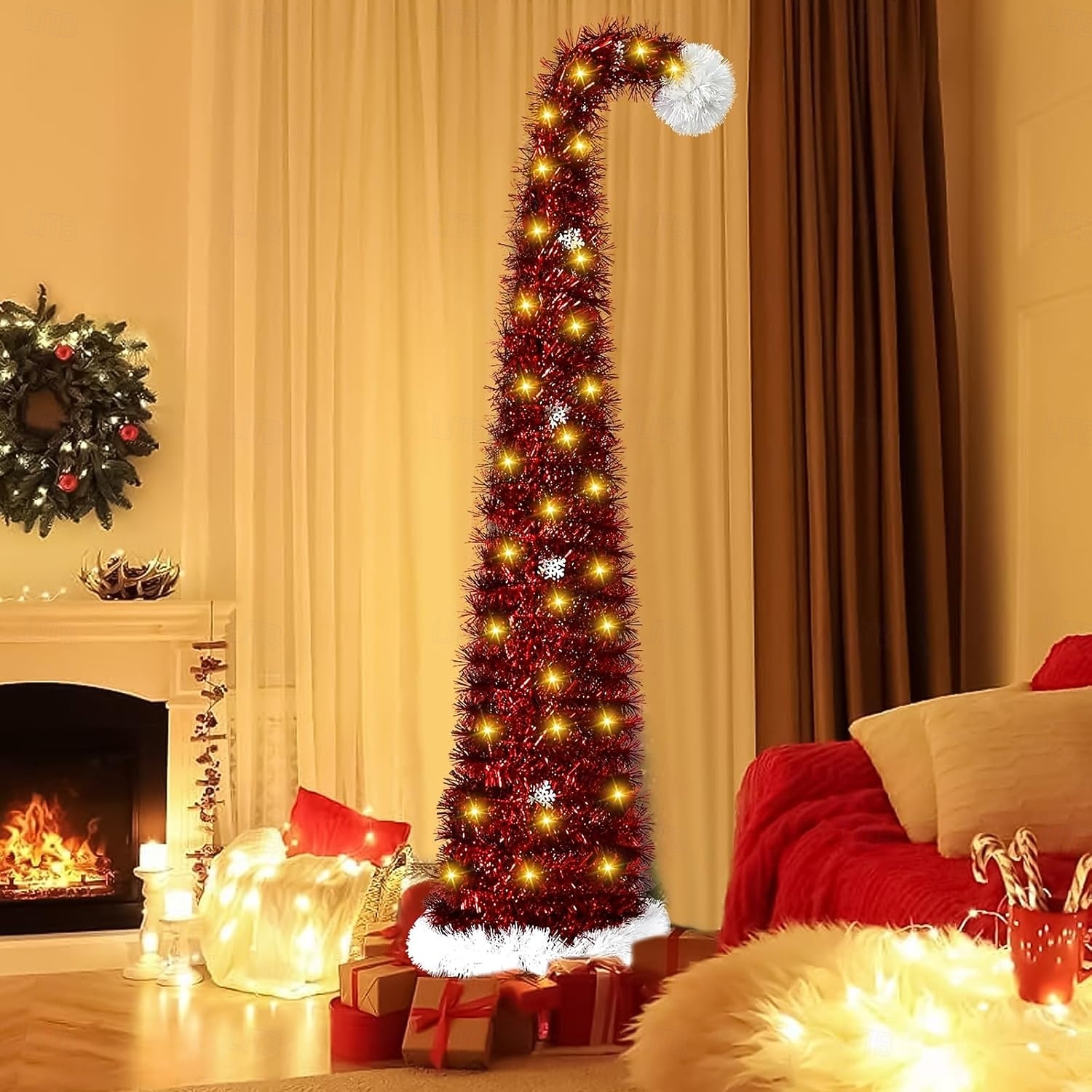 Christmas red Christmas hat tilted head Christmas tree 5M 50Leds warm light string indoor living room study staircase holiday atmosphere decoration prop 1.5M/5FT AAA battery box 2025 - CAD $46.99 –P6