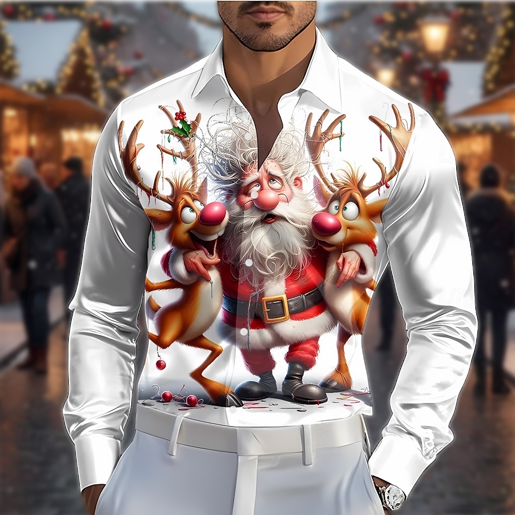 Christmas Men's Santa Claus Reindeer funny christmas Shirt Satin Shirt  Dress Shirt Long Sleeve Fashion Casual