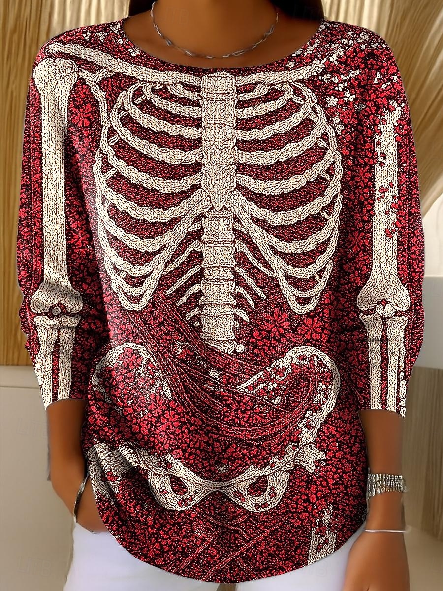 Kvinners Genser Søtt Gateklær Løs Grafisk Skjelett Rund U-hals Patchwork Strikket Lang Erm Vanlige Topp Strikk Svart Rød Høst Vinter 2025 - $29.99 –P4