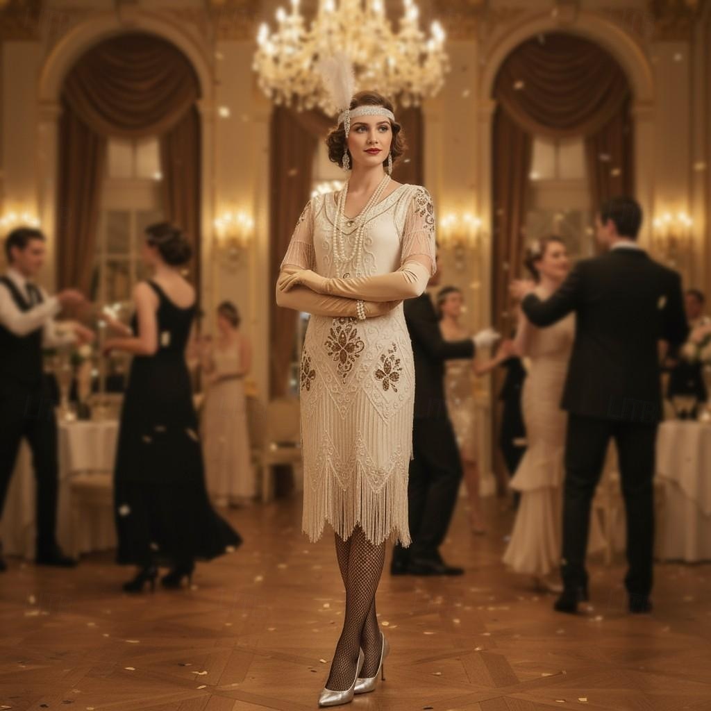 Set Anni Ruggenti Anni 1920 Lunghezza al ginocchio Abito Flapper Abito da cocktail Costume di fantasia con accessori Maniche corte Il grande Gatsby Ragazza Flapper Paillettes Frangia con nappe Scollo del 2026 a $52.99 –P1