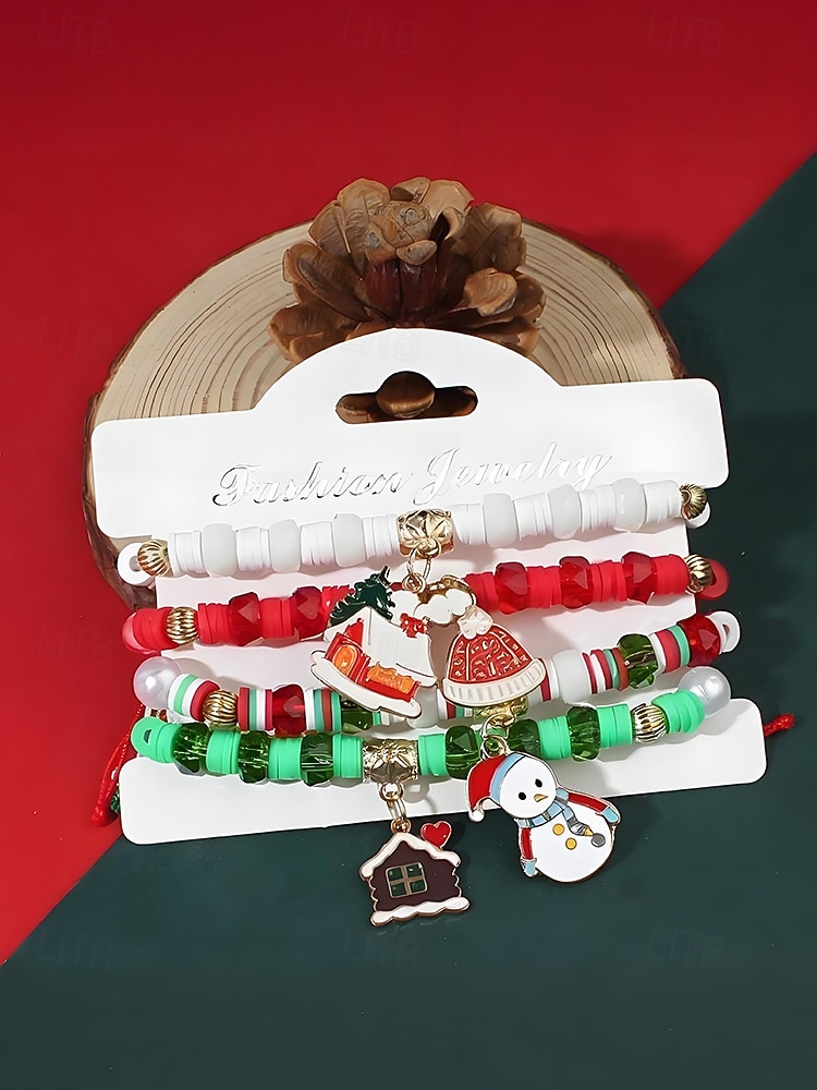Женский рождественский браслет из бисера с подвесками в виде Санты, оленей и снеговика, красно-зеленые эластичные браслеты с жемчугом, праздничный подарок на праздник для нее 2025 - $3.99 –P11