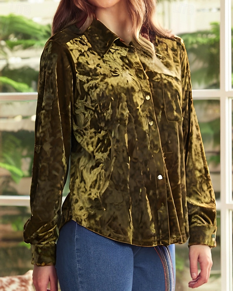 Γυναικεία Βελούδο Κομψή Φιλάρεσκος Μπλούζα Κουμπιά Σκέτο Βοημία Βίντατζ Καθημερινά Μακρυμάνικο Κολάρο Πουκαμίσου Κανονικά μπλουζάκια Καθημερινά Βραδινό Ρούχα για Πάρτυ Αργίες 2026 - $37.99 –P3